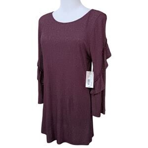 NEW ANA Stretchy Tunic Top Blouse Large Dark Purple Sparkle Ruffle Dressy Career